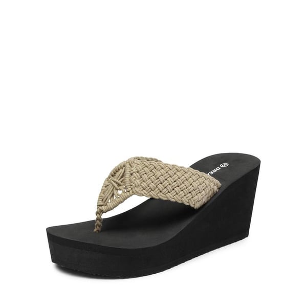 Woven Strap Platform Wedge Flip Flops - KHAKI -  0
